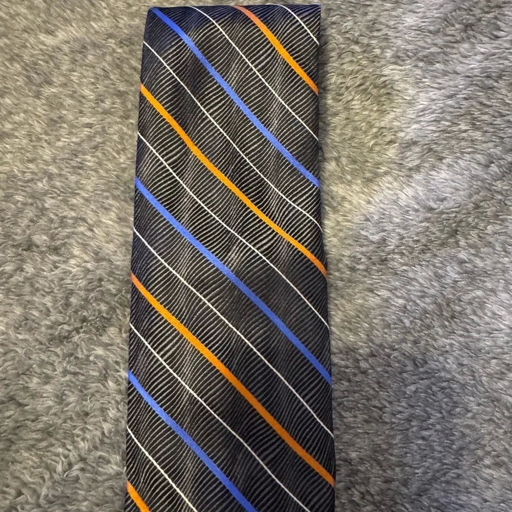 XMI Platinum 100% Silk Striped Black Tie with Orange and Blue Accents - Picture 2 of 4